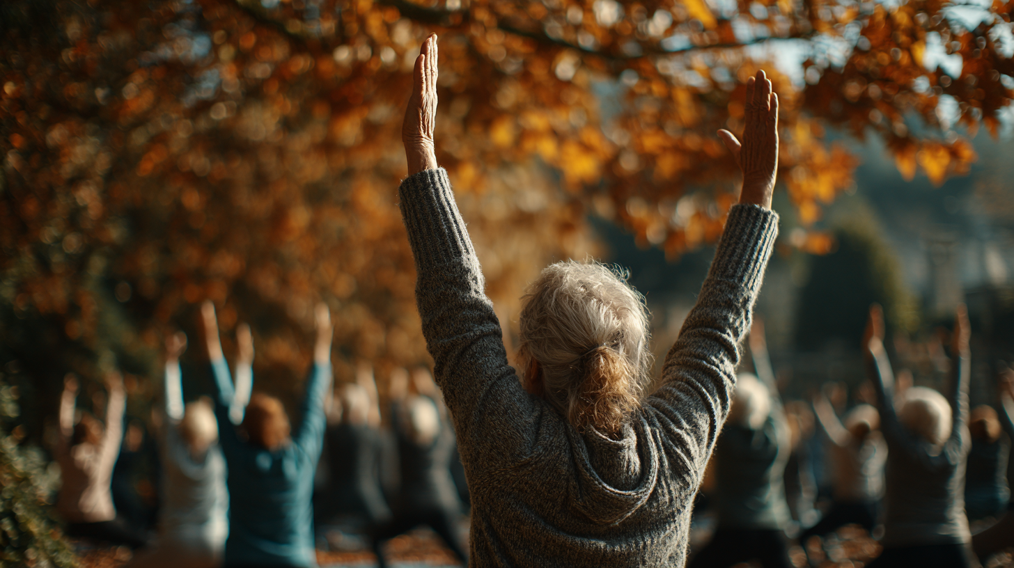 Група възрастни хора практикуват йога на открито