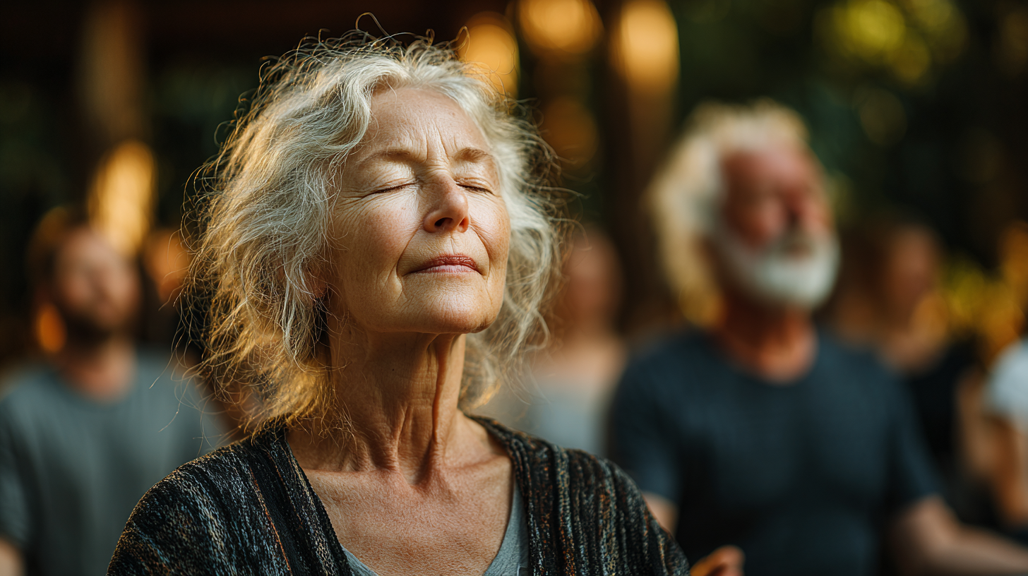 Възрастна жена прави йога упражнения с усмивка